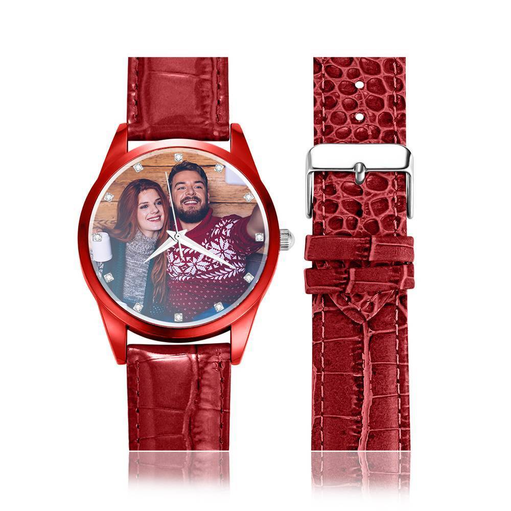 Personalizado Reloj con Grabado, Foto Reloj con Correa de Cuero Rojo para Mujeres