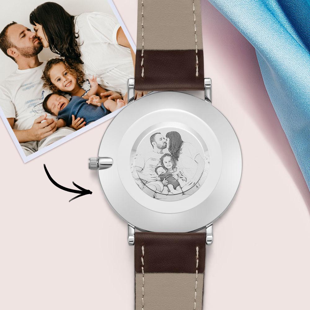 Reloj Con Foto Grabada Personalizada Correa De Cuero Marrón Regalos Para Hombres
