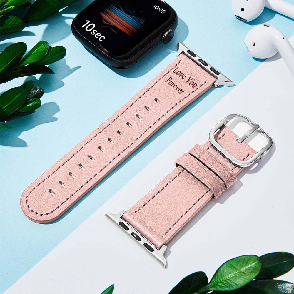 Correa de reloj de Apple de cuero real con grabado personalizado, varios colores, rosa