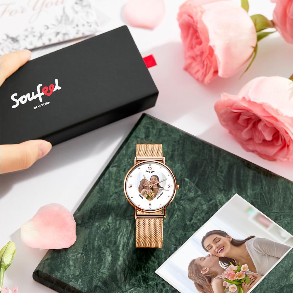 Pulsera De Aleación De Oro Rosa Grabada Reloj Con Foto 36 Mm Regalos Para Mamá - soufeeles