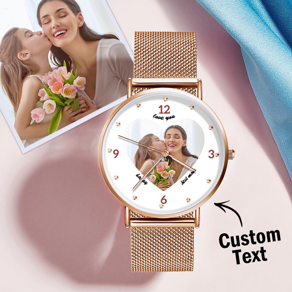 Pulsera De Aleación De Oro Rosa Grabada Reloj Con Foto 36 Mm Regalos Para Mamá - soufeeles