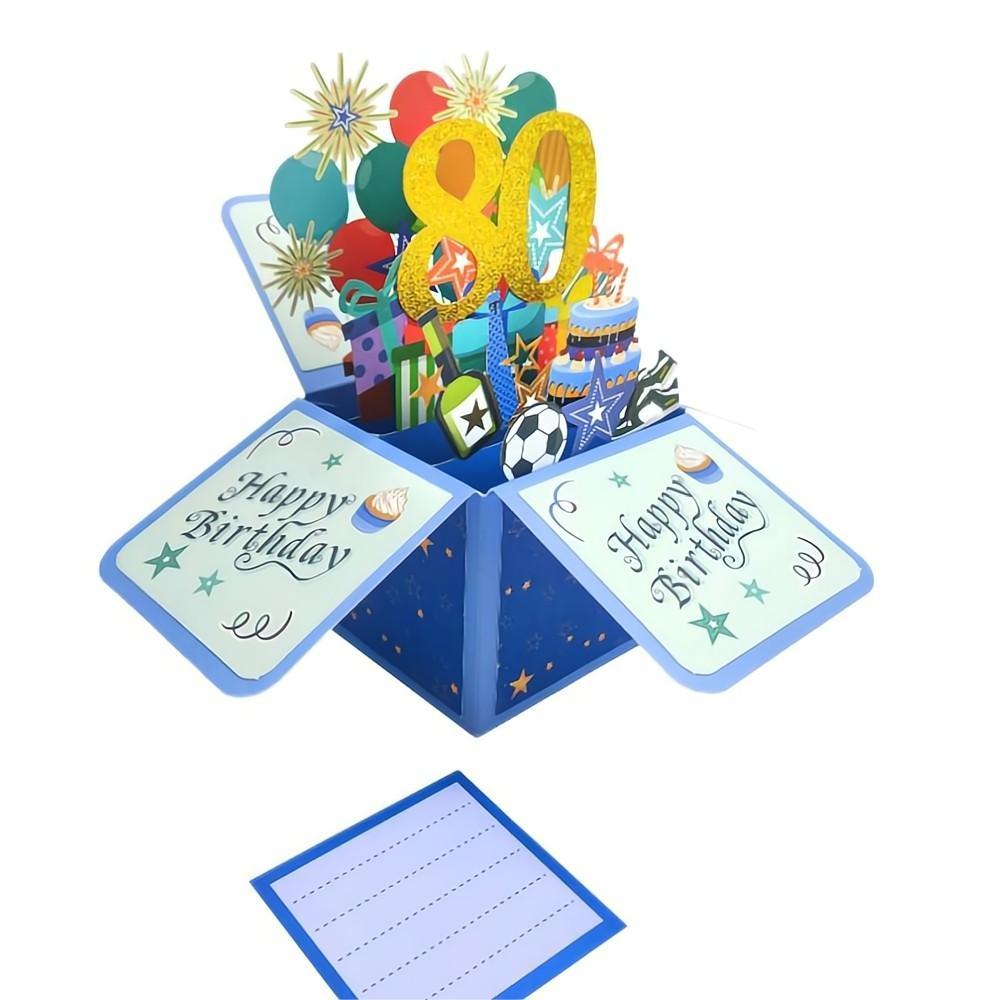 Tarjeta De Caja Emergente De Cumpleaños Azul Tarjeta De Felicitación Emergente 3d De 80 Cumpleaños - soufeeles