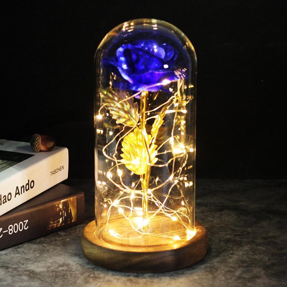 Simulación Romántica Flor De Rosa Azul Eterna Cubierta De Vidrio Led Micro Paisaje Regalos Para Amantes En Navidad, Día De San Valentín Y Aniversario