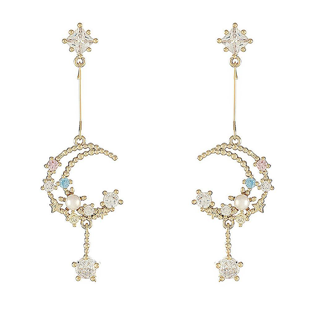 Aretes Colgantes De Luna Y Estrella Con Perla Celestial Y Cielo Nocturno - soufeeles