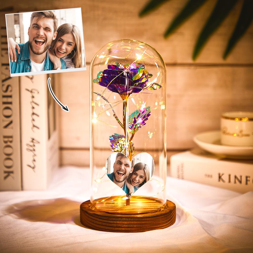 Foto En Forma De Corazón Personalizada Flor De Rosa Colorida Eterna Luz De Noche Led Simulación Romántica Cubierta De Cristal De Flor De Rosa Eterna Para Regalo De Pareja De Aniversario - soufeeles