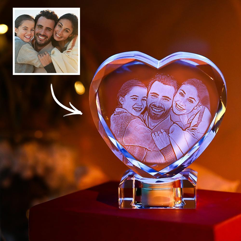 Marco De Fotos De Cristal De Corazón Con Base Led Iluminada Regalos De Láser De Corazón De Cristal De Foto Grande Exclusivos Para La Familia