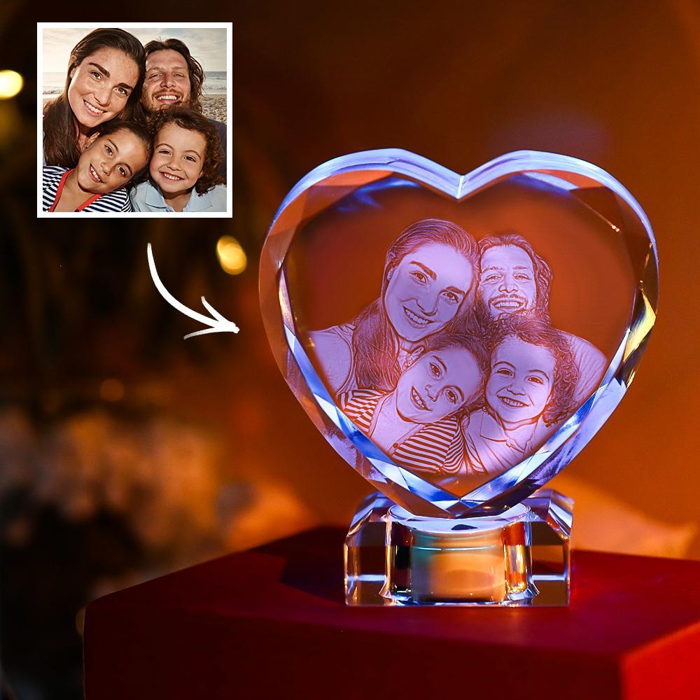 Marco De Fotos De Cristal De Corazón Con Base Led Iluminada Regalos De Láser De Corazón De Cristal De Foto Grande Exclusivos Para Una Familia De Cuatro