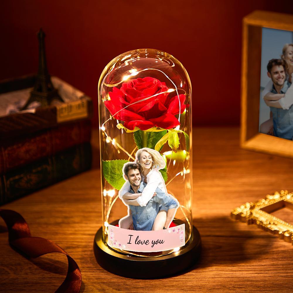 Texto De Foto Personalizado Flor De Rosa Eterna Cubierta De Vidrio Luz De Noche Led Simulación Romántica Regalo Para Ella - soufeeles