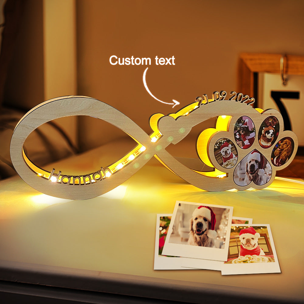 Custom Infinity Dog Paw Photo Light Nombre Grabado Personalizado Luz De Noche De Madera - soufeeles