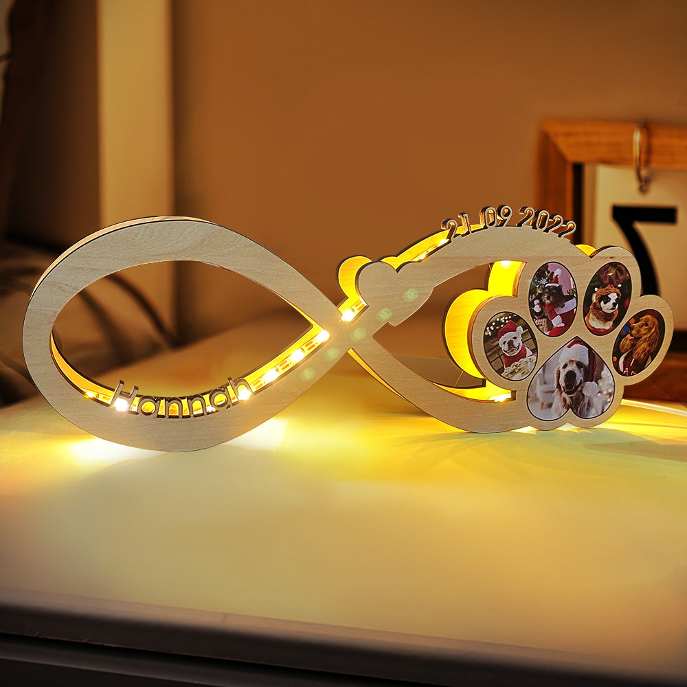 Custom Infinity Dog Paw Photo Light Nombre Grabado Personalizado Luz De Noche De Madera - soufeeles