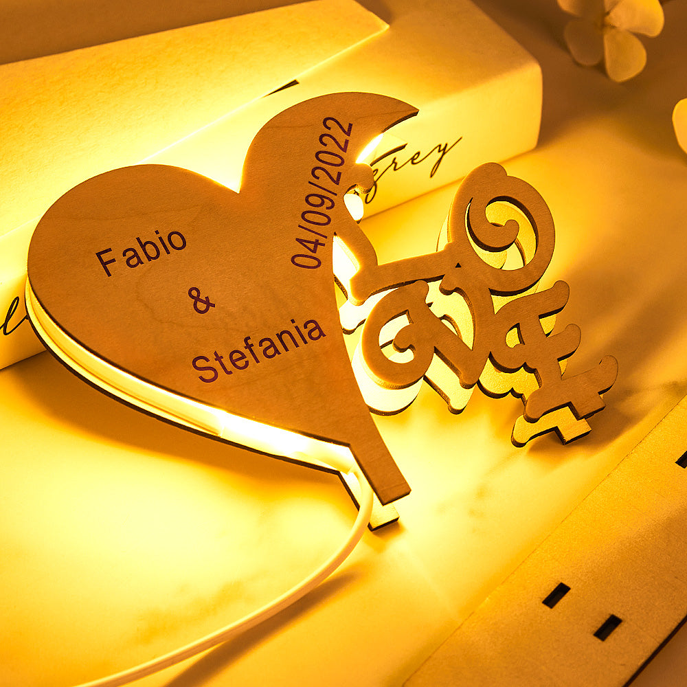 Regalo De Aniversario De Luz De Noche De Madera De Amor En Forma De Corazón De Luz De Noche Grabada Personalizada - soufeeles