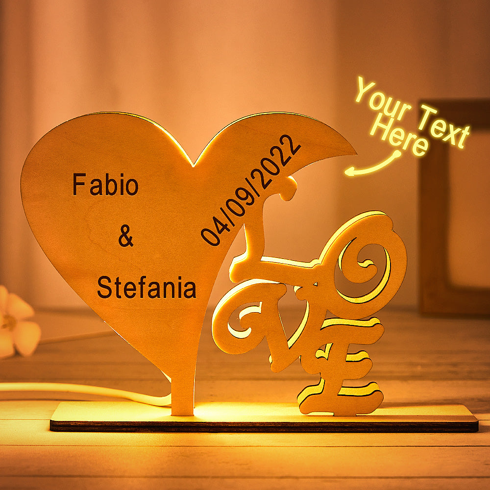 Regalo De Aniversario De Luz De Noche De Madera De Amor En Forma De Corazón De Luz De Noche Grabada Personalizada - soufeeles