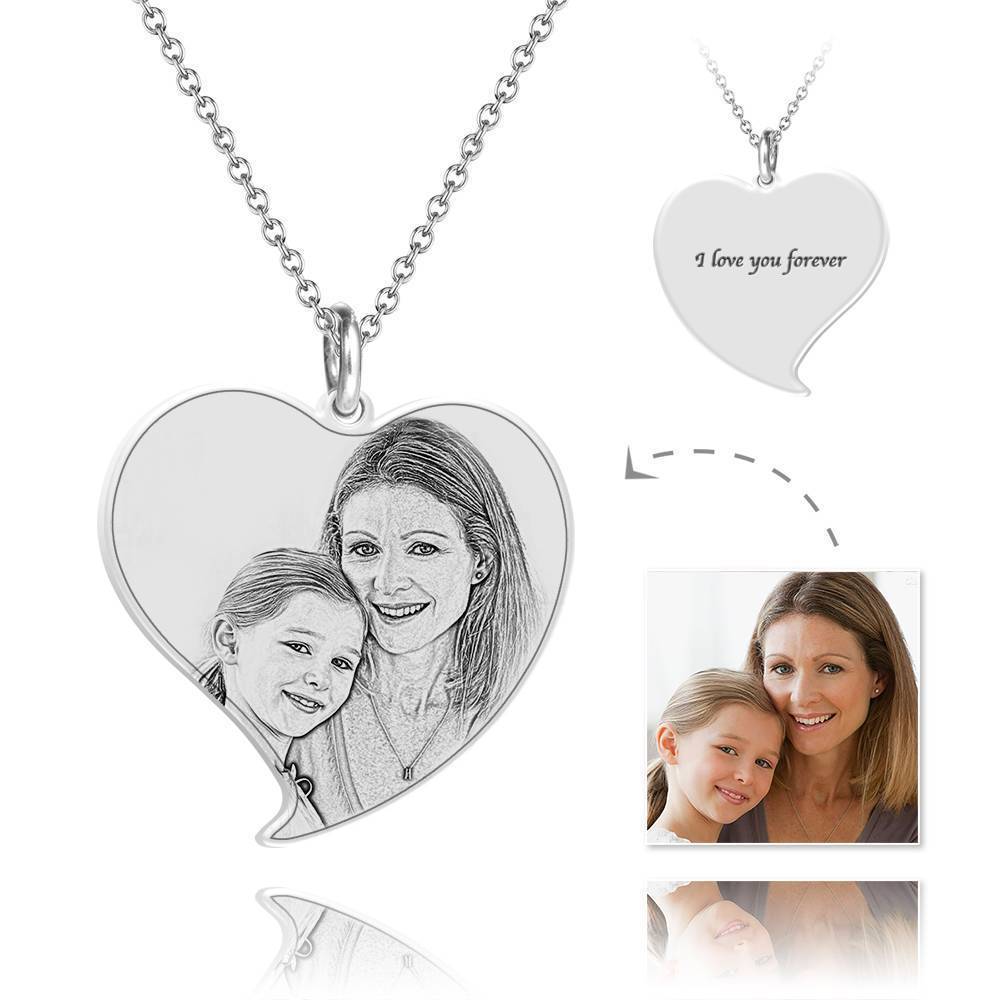 Regalos del Día de Madre - Collar de la Mujer Grabable con Foto de Corazón con Grabación Plata
