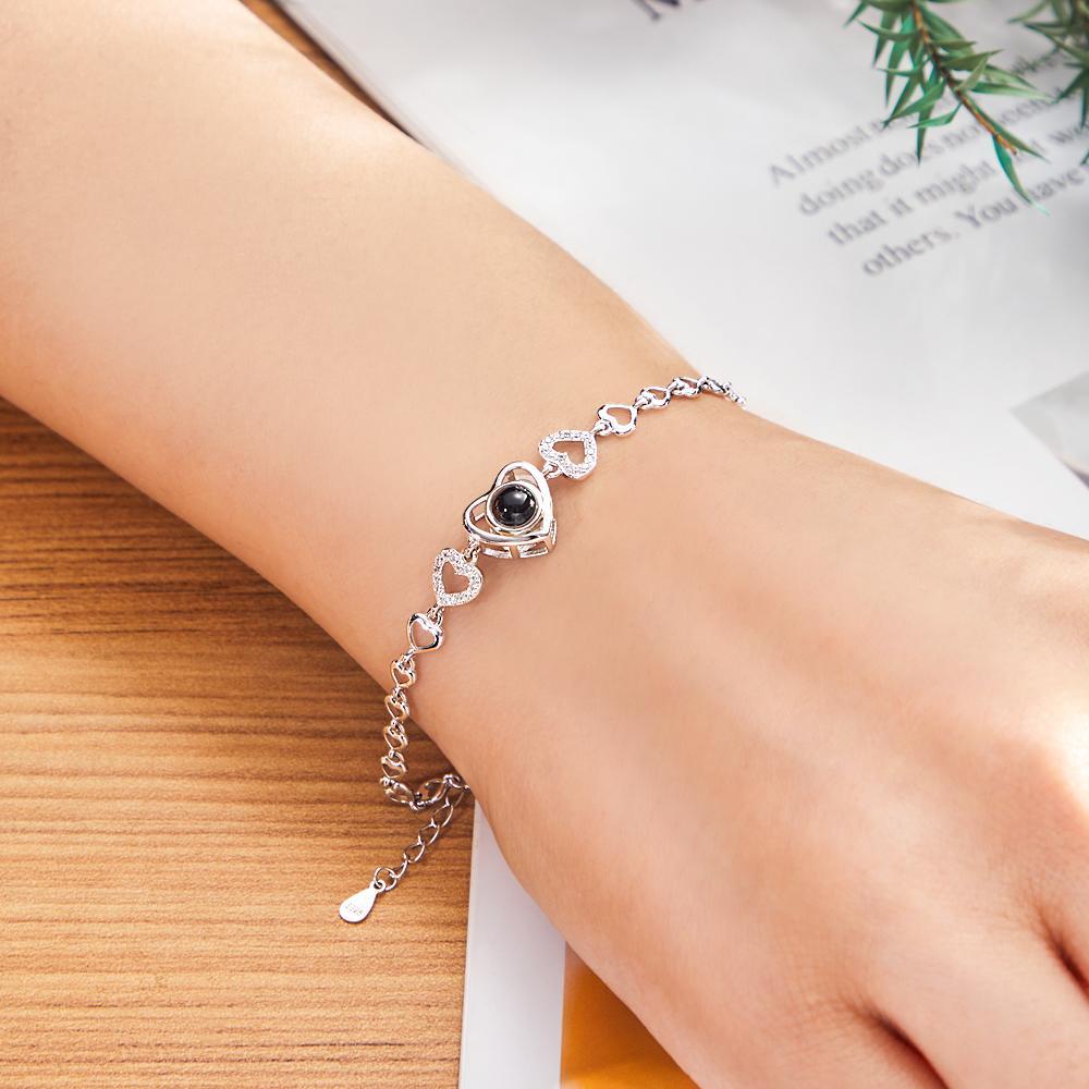 Pulsera De Eslabones De Corazón De Proyección De Foto Personalizada Pulsera De Plata Esterlina Personalizada - soufeeles