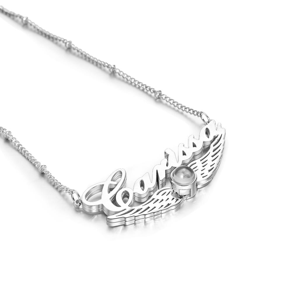 Angel Wing Projection Necklace with Name Customized Memorial Photo Name Pendant Personalized Picture Inside Jewelry - soufeeles