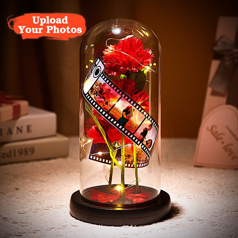 Fleur D'oeillet Personnalisée Dans Un Album Photo De Lampe À Led En Verre Avec Un Cadeau De Base Noir Pour La Fête Des Mères - soufeelfr
