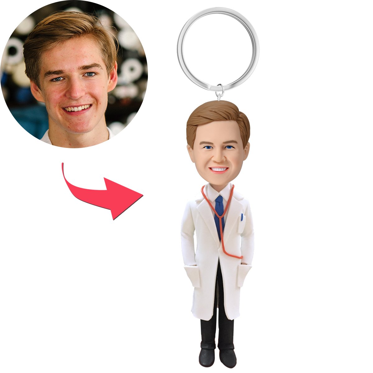 Médecin Avec Une Blouse De Laboratoire Figurine Bobblehead Personnalisé Avec Porte-clés Texte Gravé