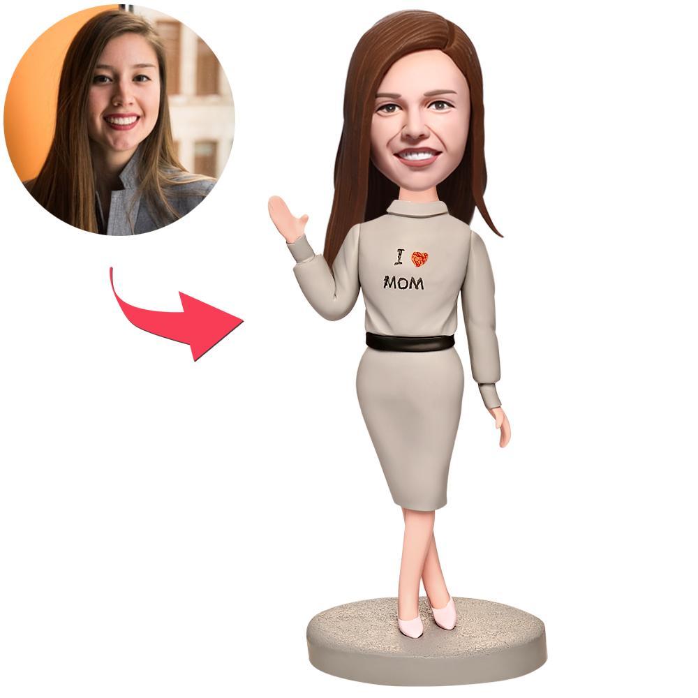 Cadeau De Fête Des Mères Mère En Robe Grise Figurine Bobblehead Personnalisé Avec Texte Gravé - soufeelfr