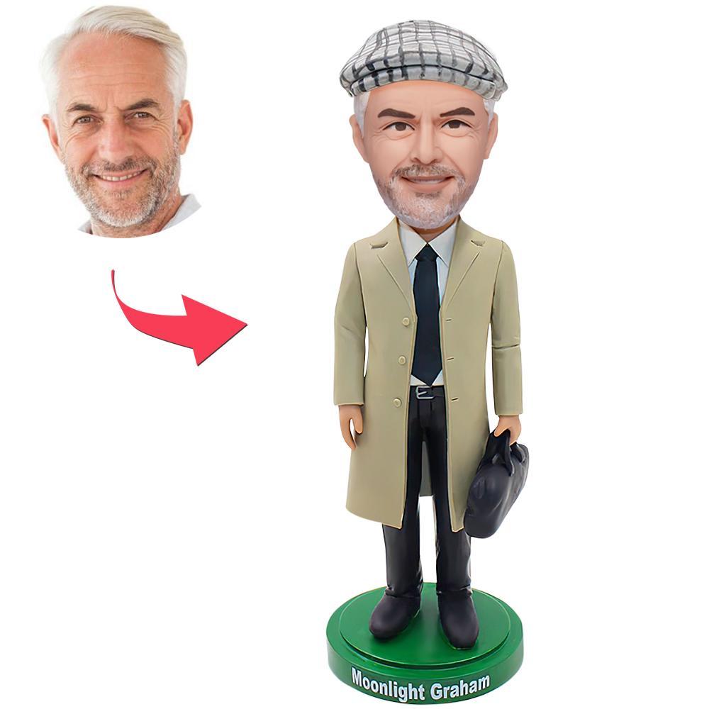 Bobbleheads Personnalisé Vieil Homme Avec Long Manteau, Bobblehead Détective Personnalisé - soufeelfr