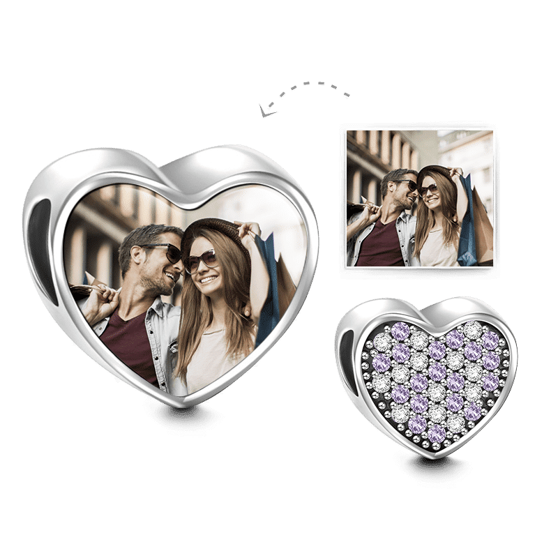 Photo Charm Coeur Avec crystal Cristal Violet En Argent