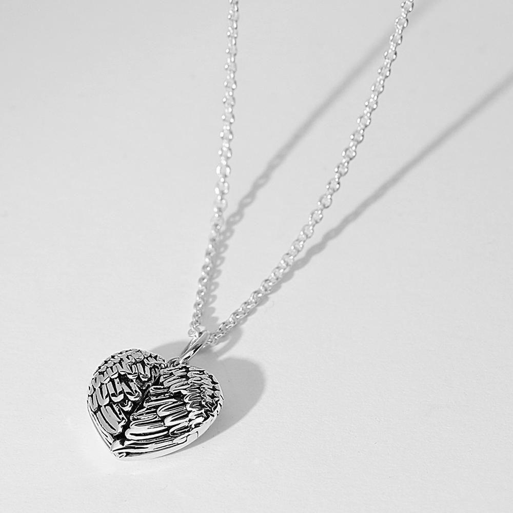 Collier Médaillon Photo Gravable Ailes D'ange Coeur Personnalisées En Argent Sterling