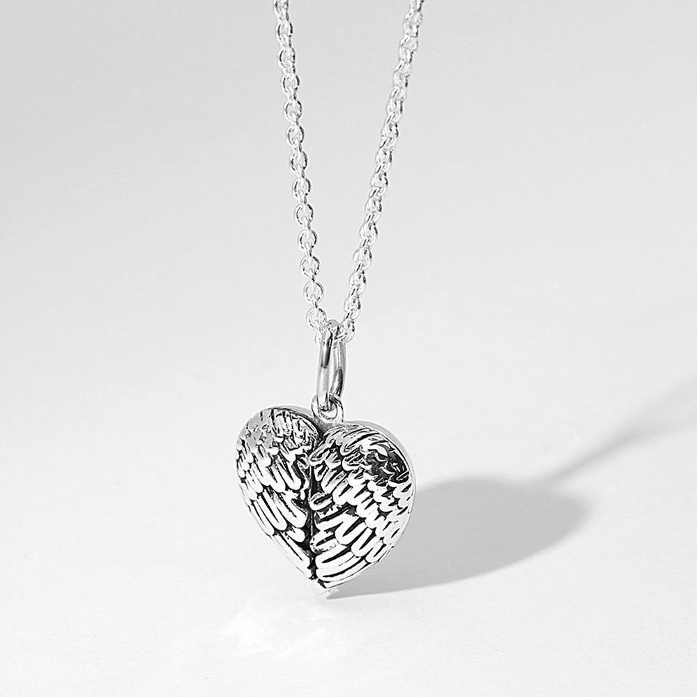 Collier Médaillon Photo Gravable Ailes D'ange Coeur Personnalisées En Argent Sterling