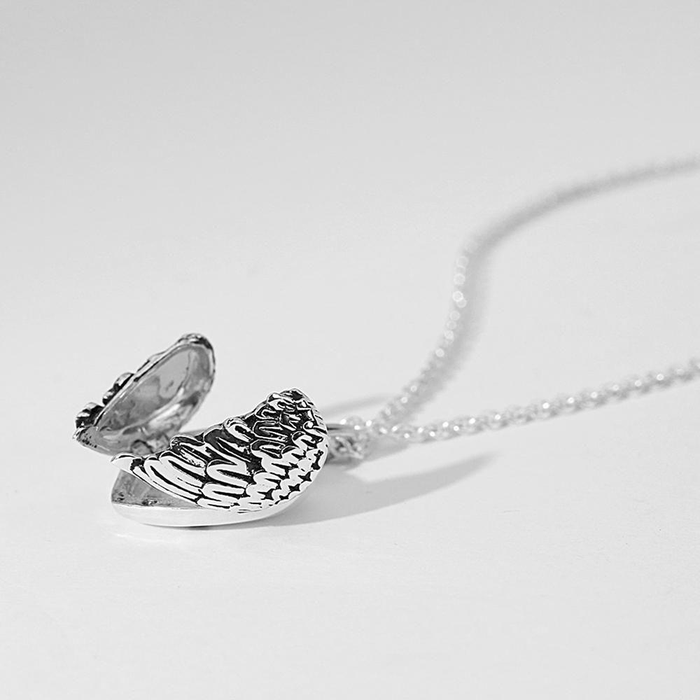 Collier Médaillon Photo Gravable Ailes D'ange Coeur Personnalisées En Argent Sterling