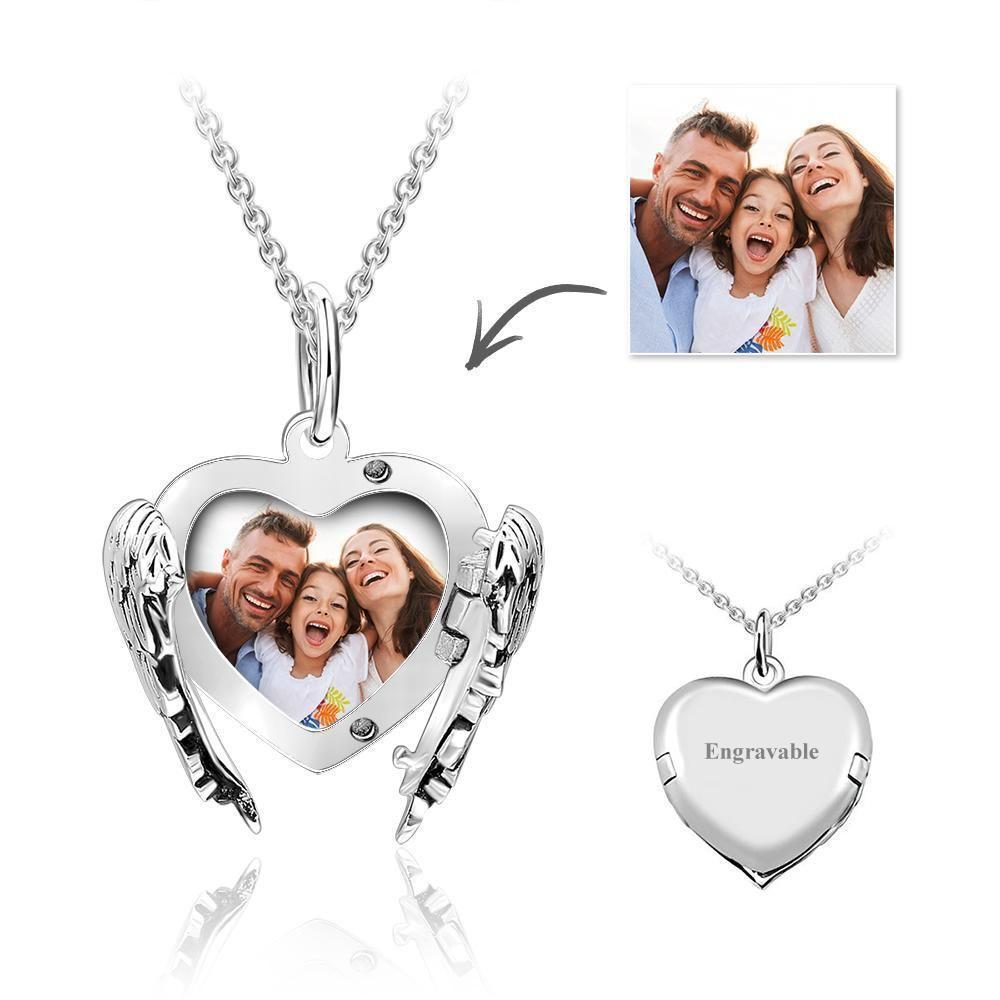 Collier Médaillon Photo Gravable Ailes D'ange Coeur Personnalisées En Argent Sterling