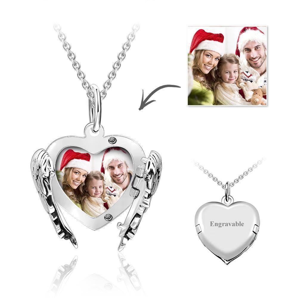 Collier Médaillon Photo À Graver Coeur Ailes D'ange En Argent Sterling