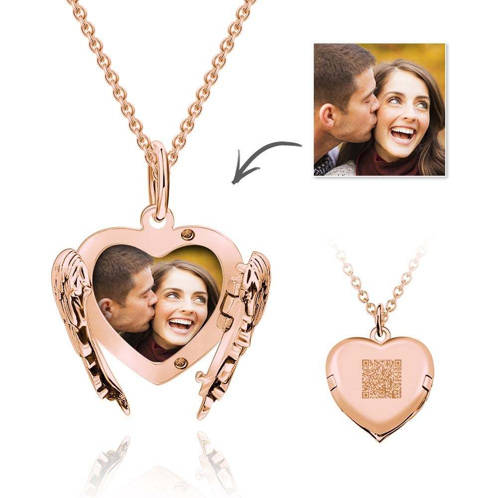 Collier Médaillon Photo Code Qr Gravable Ailes D'ange Coeur Personnalisées - soufeelfr