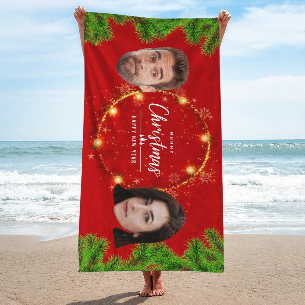 Serviette De Bain Visage Personnalisé Noël Deux Têtes Serviette De Plage Serviette De Piscine 31.5*63in