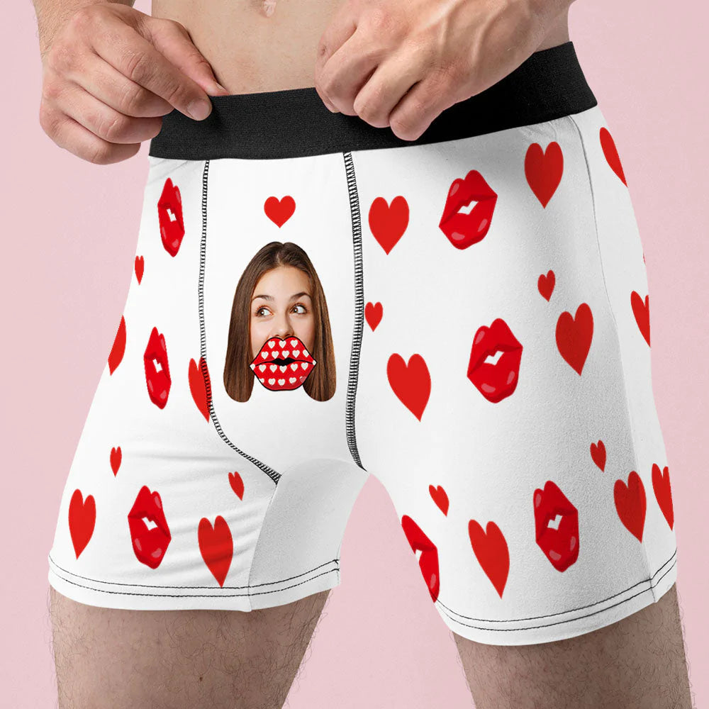 Boxer Coeur Visage Personnalisé Personnalisé Funny Lips Boxer Short Saint Valentin Cadeau - soufeelfr