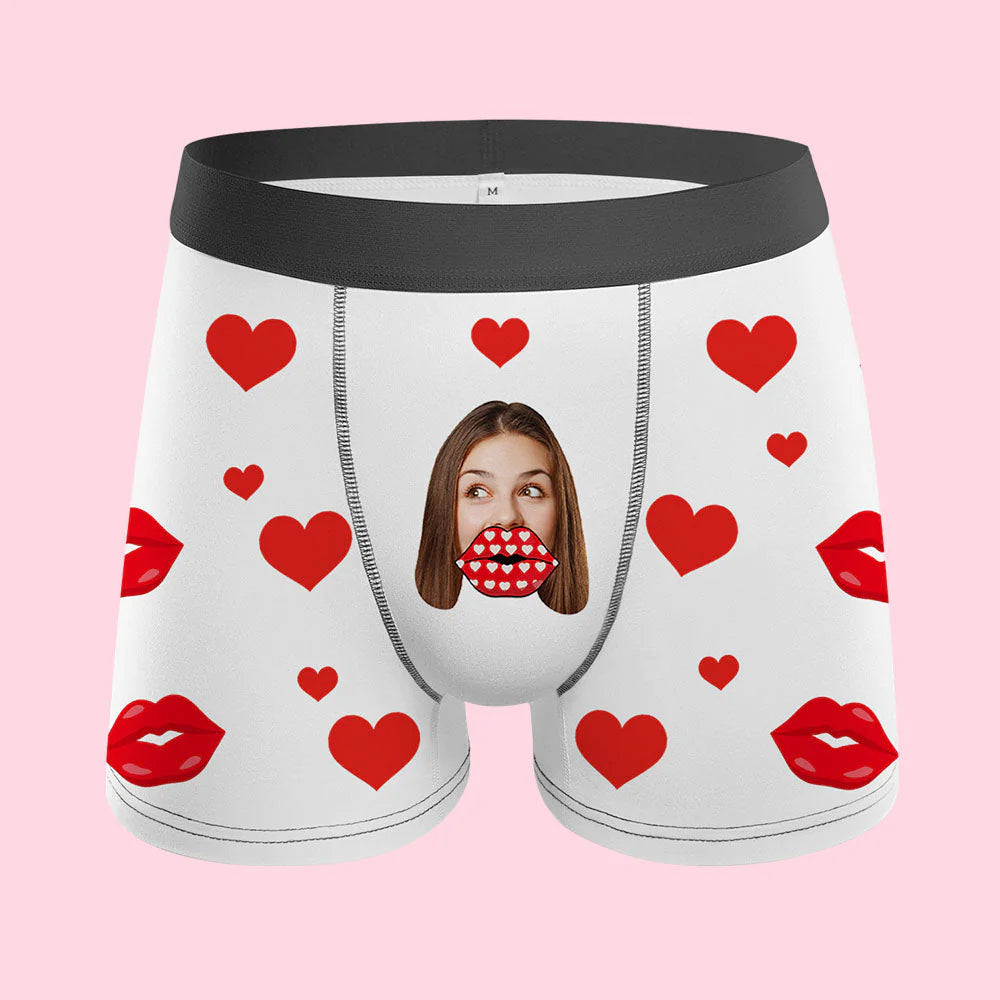 Boxer Coeur Visage Personnalisé Personnalisé Funny Lips Boxer Short Saint Valentin Cadeau - soufeelfr
