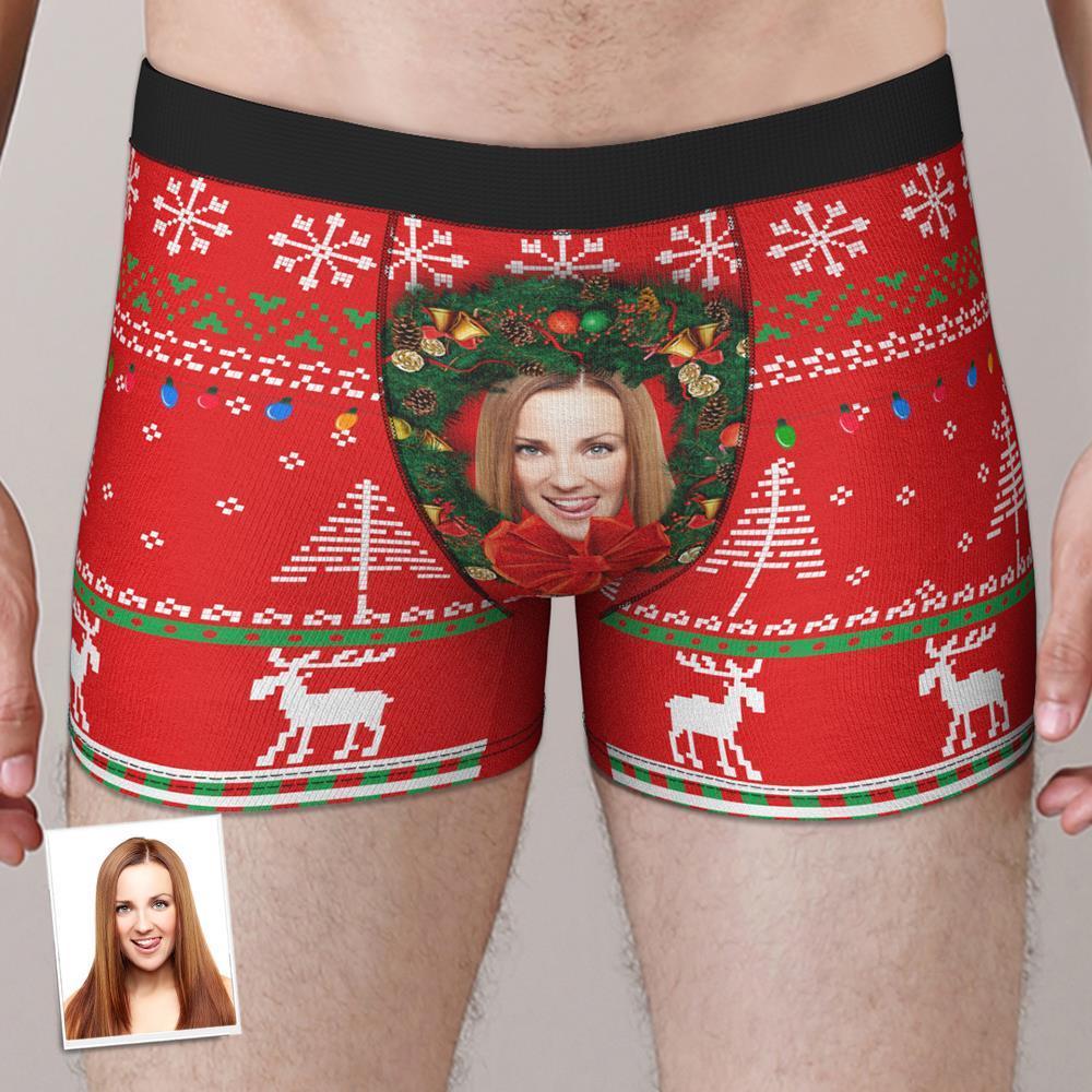Culotte Boxer Personnalisé Visage Personnalisé Culotte Boxer Photo Personnalisé Cadeau De Noël - Couronne De Noël