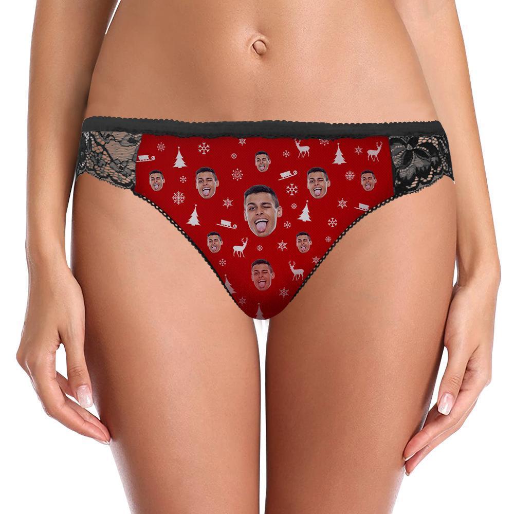 Culotte Sexy De Femmes De Joyeux Noël De Dentelle De Visage Faite Sur Commande Avec Le Visage De Petit Ami