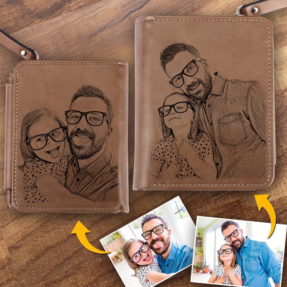 Portefeuille Photo Personnalisé Avec Gravure Courte Pour Homme Deux Photos - Cuir Marron