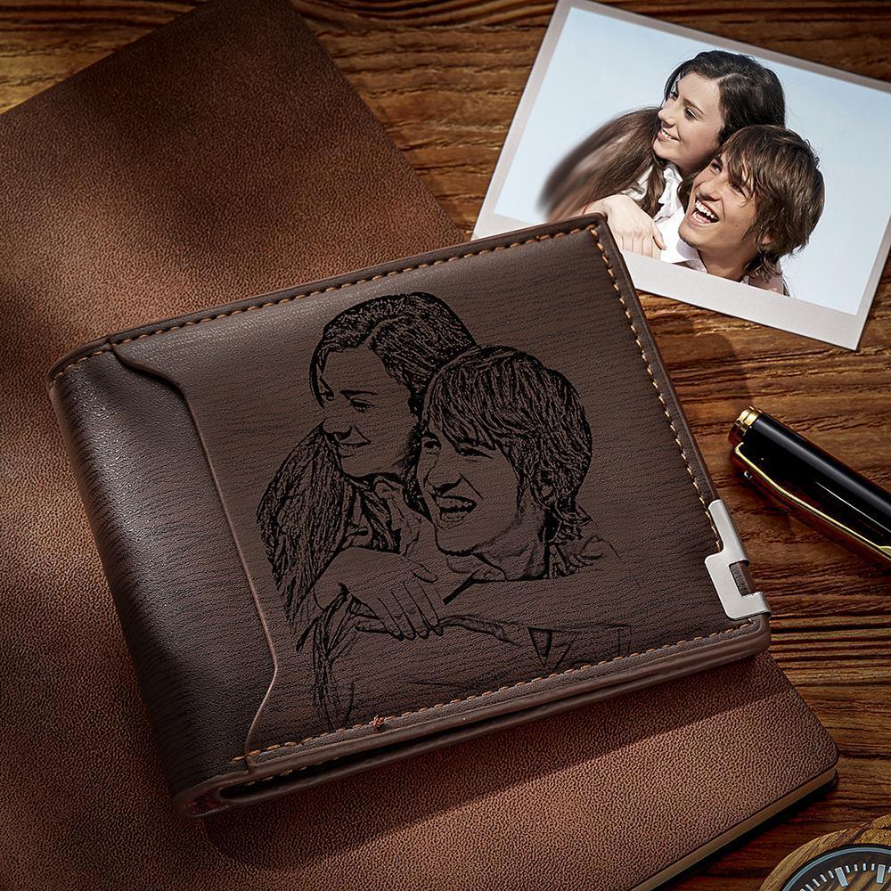 Portefeuille Personnalisé Gravé En Photo Bifold, Cadeau Pour Lui - Cuir Café