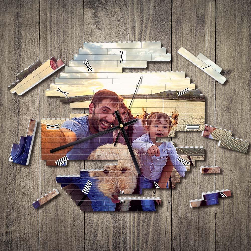 Bloc De Construction Personnalisé Horloge Murale Personnalité Puzzle Personnalisé Photo Pointeur Brique Horloge Cadeau Pour La Famille - soufeelfr