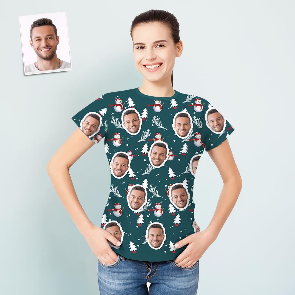 T-shirt Femme Visage Personnalisé Sapin De Noël Et Bonhomme De Neige Créez Un Cadeau De Noël Personnalisé