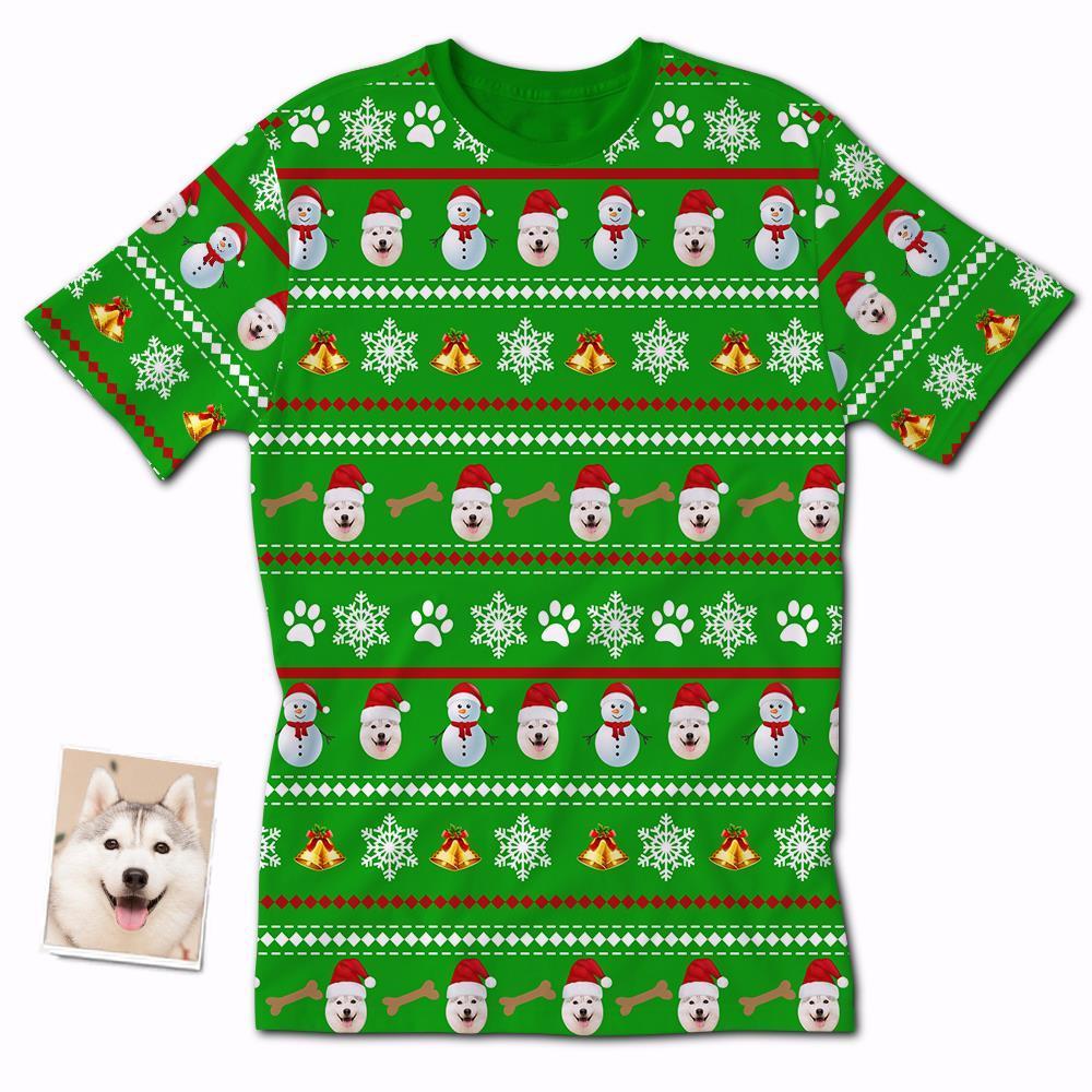 T-shirt Femme Visage Personnalisé Flocon De Neige Et Bonhomme De Neige De Noël Pour Animaux De Compagnie