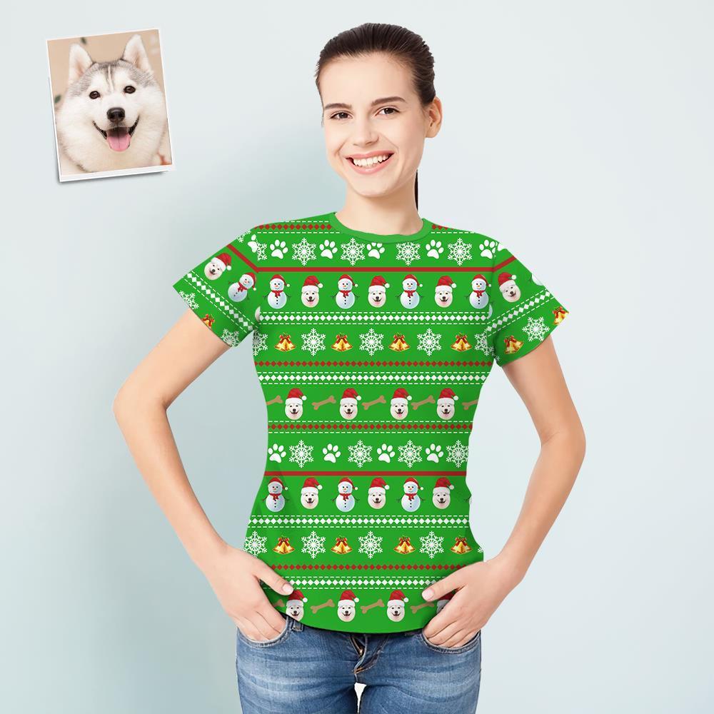 T-shirt Femme Visage Personnalisé Flocon De Neige Et Bonhomme De Neige De Noël Pour Animaux De Compagnie