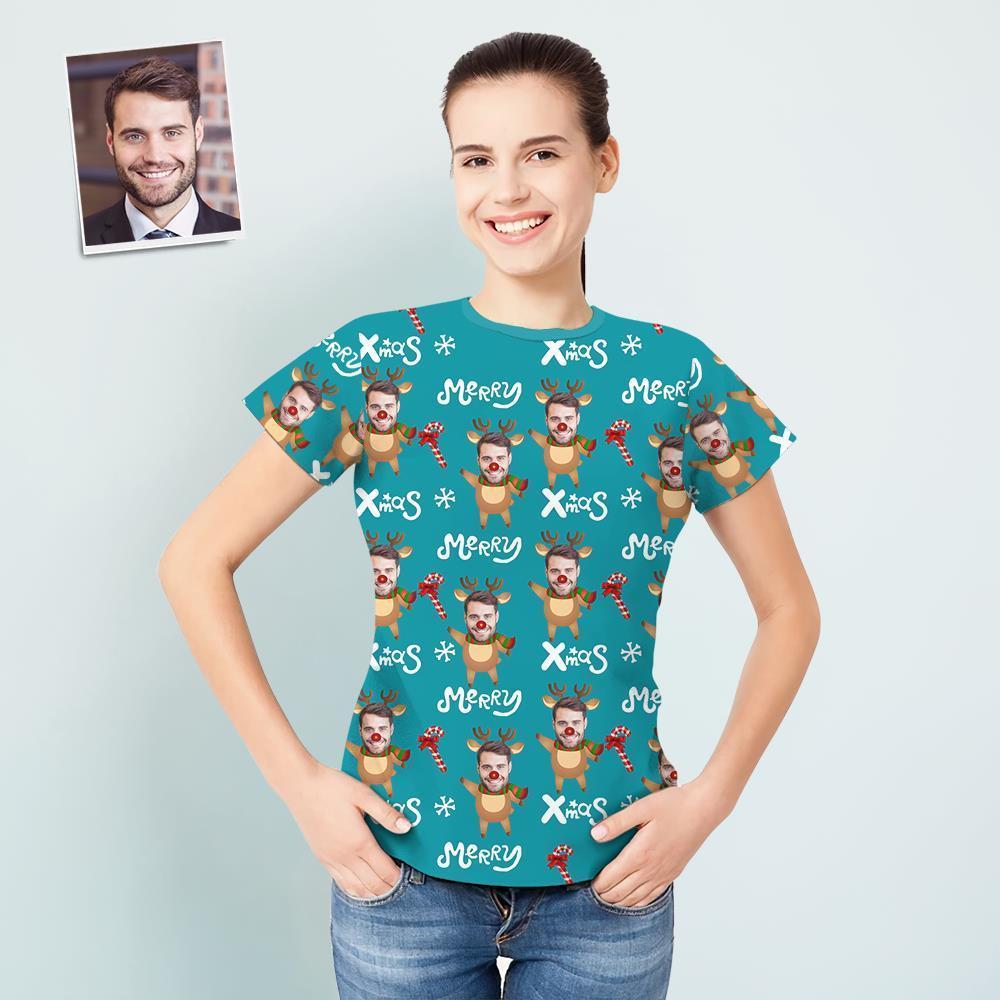 T-shirt Femme Visage Personnalisé Votre Visage Sur Un Renne T-shirts De Noël