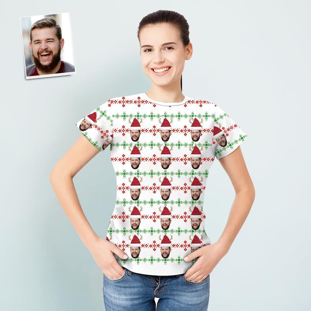 T-shirt Personnalisé Pour Femme Cadeaux De Noël Votre Visage Portant Un Chapeau De Noël