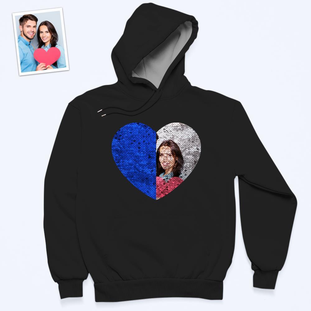 Photo Personnalisée Bleu Paillettes Sweat À Capuche Coeur Double Impression Sweat À Capuche Cadeau Pour Hommes Femmes - soufeelfr