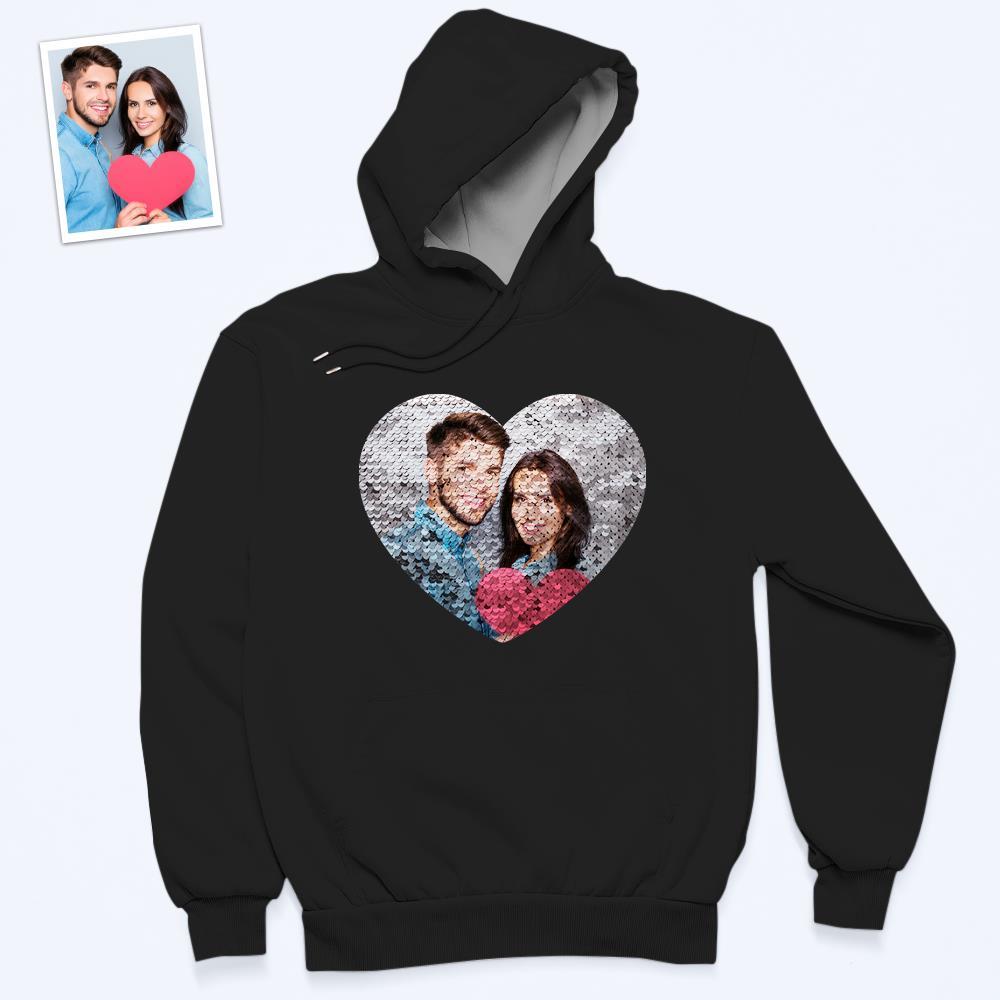 Photo Personnalisée Bleu Paillettes Sweat À Capuche Coeur Double Impression Sweat À Capuche Cadeau Pour Hommes Femmes - soufeelfr