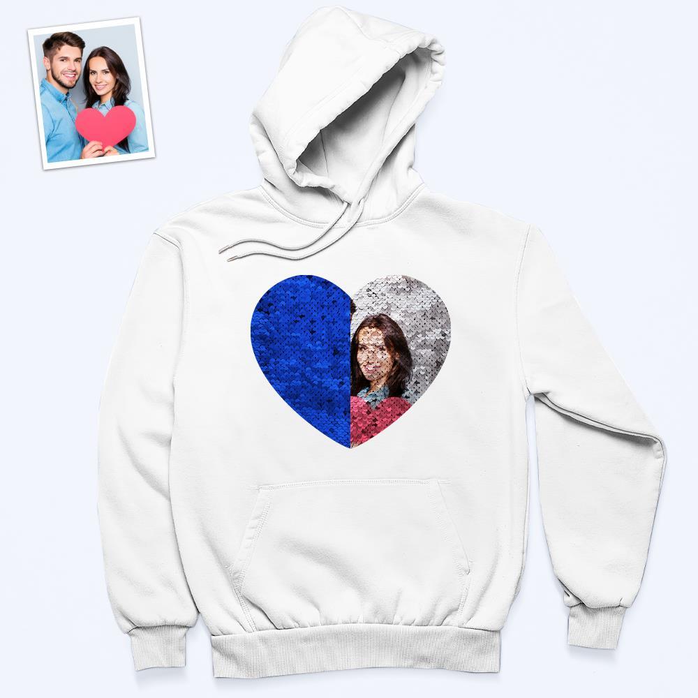 Photo Personnalisée Bleu Paillettes Sweat À Capuche Coeur Double Impression Sweat À Capuche Cadeau Pour Hommes Femmes - soufeelfr