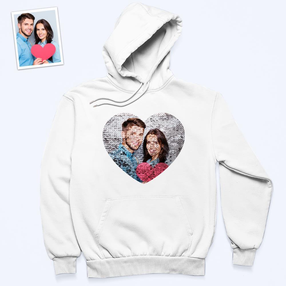 Photo Personnalisée Bleu Paillettes Sweat À Capuche Coeur Double Impression Sweat À Capuche Cadeau Pour Hommes Femmes - soufeelfr