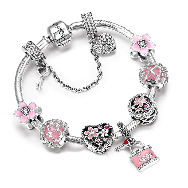 Bracelet Personnalisé Bracelet Complet Fleur Rose Chanceux En Argent