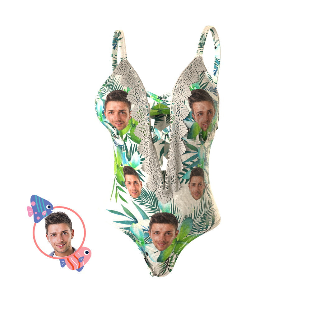 Maillot De Bain Une Pièce Visage Personnalisé Maillots De Bain À Lacets Floraux - soufeelfr