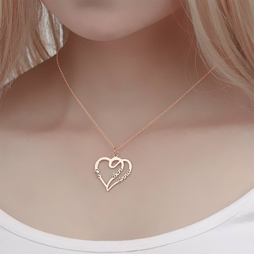 Collier Prenom Collier Prénom, Deux Prénom Pierres De Naissance Personnalisées Plaqué Or Rose - Argent